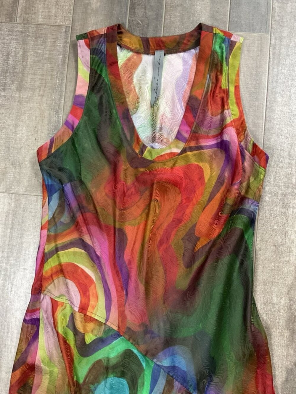 Raquel Allegra Dress Silk Rayon Print Kennedy Midi Multi Wave Size 00 Sleeveless - Picture 14 of 15